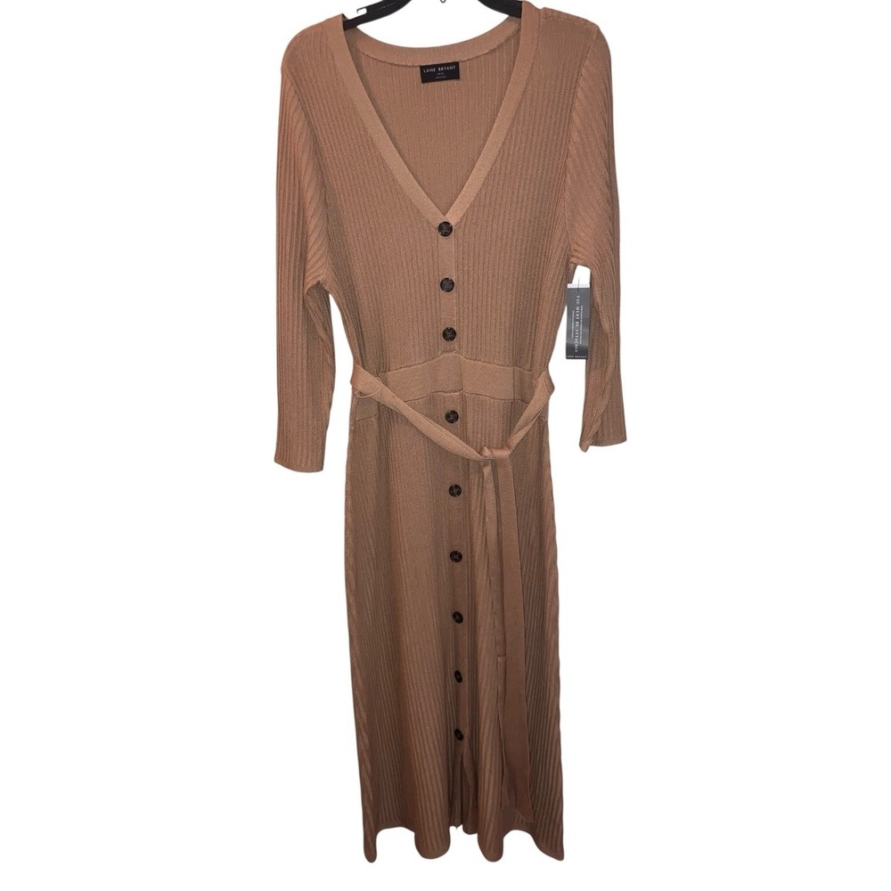 Lane Bryant Sweater Dress Camel Buttons Size 14/16 NWT Office Sexy Ribbed Knit